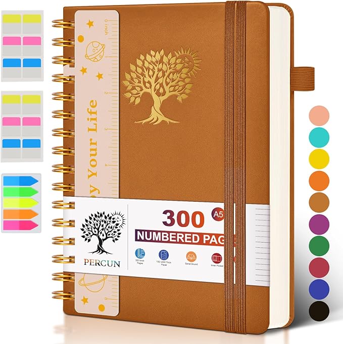 Spiral Notebook Journal for Women Men, 300 Numbered Lined Pages, College Ruled, A5 Hardcover Spiral Bound Notebook for School, Work, Note Taking Writing, Leather Spiral Journal Medium 5.9"x8.5"