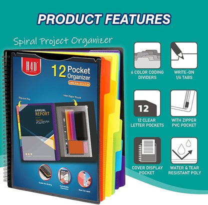 H4D 12 Pocket Poly Project Organizer, Spiral Multi Pocket Folder Organizer, Multi-Subject Folder Notebook, Letter Size
