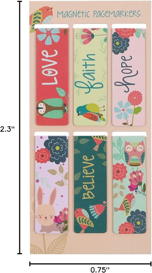 Christian Art Gifts Magnetic Scripture Bookmark Set with Encourangements Faith Hope Love Believe - Inspirational Floral Magnetic Bible Verse Pagemarker Set of 6 for Bibles and Books, Size 2.3” x 0.8”