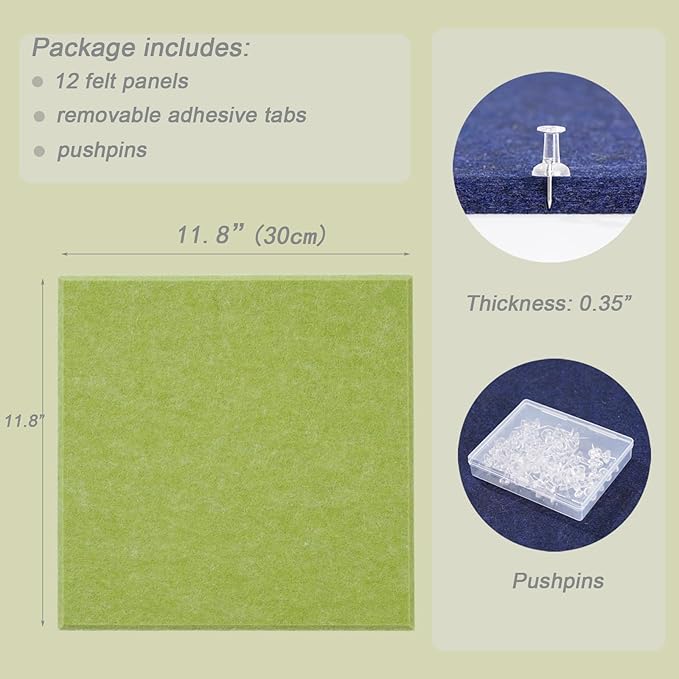 LAJAR Large Felt Wall Tiles, 12 Pack Cork Board Alternative with Removable Adhesive Tabs, Bulletin Pin Boards for Office, School and Home (Fruit Green)