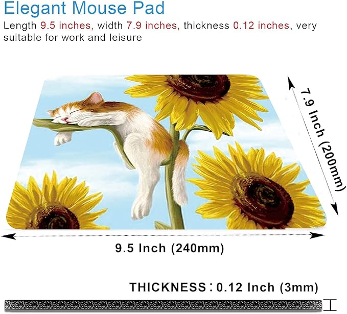 Cats and Sunflowers Mouse Pad Non-Slip Rubber Base Gaming MousePads for Computers Laptop Office,Cute Mouse Pads with Designs for Women,9.5"x7.9"x0.12" Inch(240mm x 200mm x 3mm)