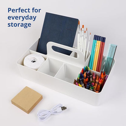 BLUE GINKGO Stackable Organizer Caddy – Korean-Made Portable Tote for Bathroom, Office, Crafts, or School Supplies (Long Rectangle, White)