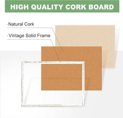 DOLLAR BOSS White Cork Board - 30 X 20 Inches, Rustic Wooden Frame, Decorative Hanging Pin Board for Office & Home Decor