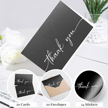 Bulk Pack of 20 Thank You Cards with Envelopes & Stickers, Black Thank You Cards 4x6 Inches - Suitable for Business, Baby Shower, Wedding, Small Business, Graduation, Bridal Shower, Funeral