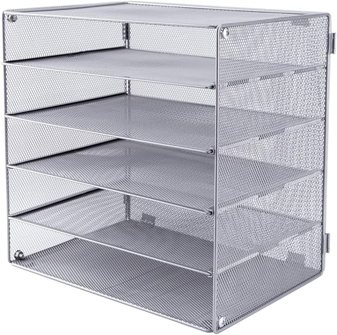 EASEPRES 5 Slot Mesh Desk Organizer Tray, File Paper Letter Folder Holder Desktop Paper Sorter Mail Organization Rack Storage Accessories, for Office Home School Classroom, Silver