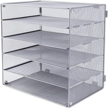 EASEPRES 5 Slot Mesh Desk Organizer Tray, File Paper Letter Folder Holder Desktop Paper Sorter Mail Organization Rack Storage Accessories, for Office Home School Classroom, Silver