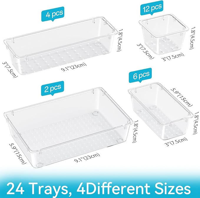 24-Piece Drawer Organizer Set, 4 Sizes Clear Plastic Makeup Vanity Organizer, Minimalist Style, Transparent
