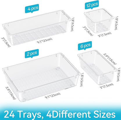 24-Piece Drawer Organizer Set, 4 Sizes Clear Plastic Makeup Vanity Organizer, Minimalist Style, Transparent