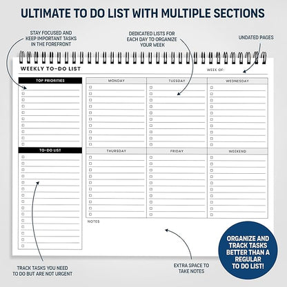 Weekly To Do List Spiral Planner Pad - 8.5x11" 52 Sheets - Desk Notepad with Multiple Sections - Undated Planning Notebook Checklist, Todo Agenda Plan