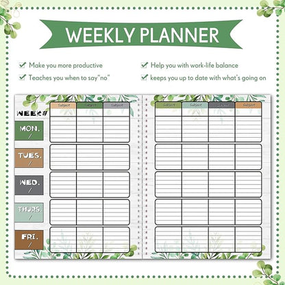 Eucalyptus Teacher Planner Undated Academic Year Teacher Lesson Planner Book Green Plants Daily Weekly Monthly Spiral Planner Checklist Organizer with Stickers for Classroom, 8.5'' x 11''