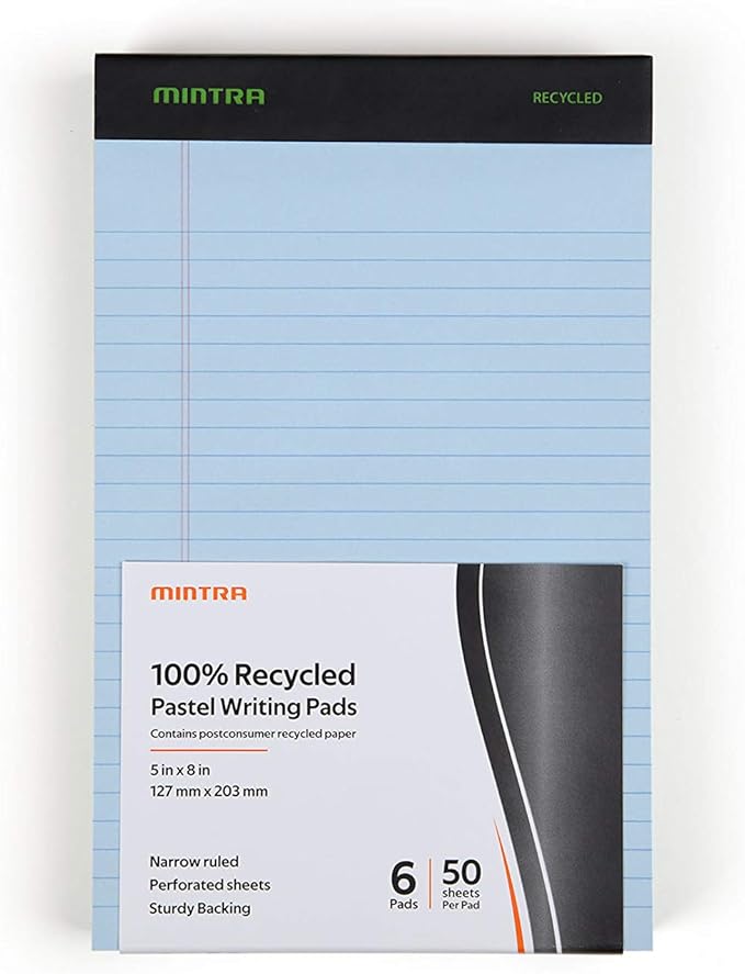 Mintra Office Recycled Writing Pads 6pk (Pastel, Junior (5in x 8in)) - 50 Sheets per Notepad, Micro perforated, Legal Pad, Notebook Paper for School, College, Office, Business