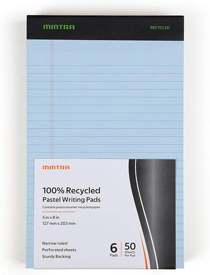 Mintra Office Recycled Writing Pads 6pk (Pastel, Junior (5in x 8in)) - 50 Sheets per Notepad, Micro perforated, Legal Pad, Notebook Paper for School, College, Office, Business