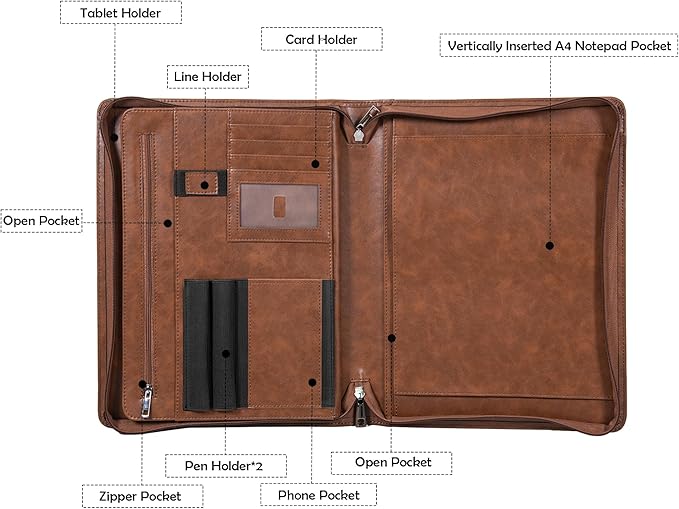 Calfinder Padfolio, portfolio folder, Padfolio for women and men, leather binder, portfolio organizer, Vegan leather folder, portfolio notebook, Resume Zippered Padfolio,Gift for Professionals, Brown