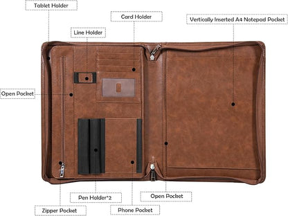 Calfinder Padfolio, portfolio folder, Padfolio for women and men, leather binder, portfolio organizer, Vegan leather folder, portfolio notebook, Resume Zippered Padfolio,Gift for Professionals, Brown