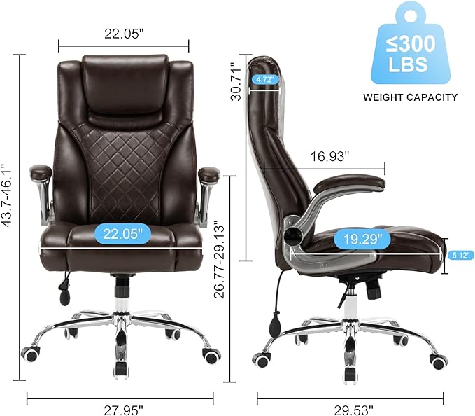Executive Office Chair Desk Swivel Chair High Back Computer Chair - Adjustable Lumbar Support with Flip-Up Arms PU Leather Chair with Spring Cushion (Brown)