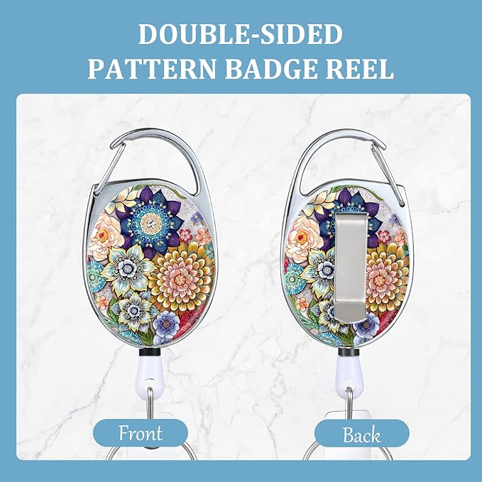 Datura Flowers Badge Reels - Retractable Double Sided Color Print Pattern Holders with Keychain, Clip and Key Ring - Durable Nylon Rope