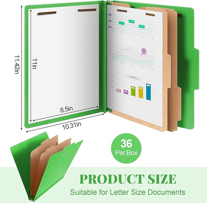 36 Pcs Classification Folders Bulk 2 Dividers File Folder with Fastener 2 Prongs Letter Size Pressboard Filefolders with 3.5 Inch Expansion for Organize Office Medical Document (Green)