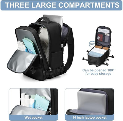 Travel Backpack Simple Durable Carry On Backpack with Shoe Compartment, Personal Item Travel Bag Flight Approved, Water Resistant Laptop Backpack for Women Men Weekender Business, Black