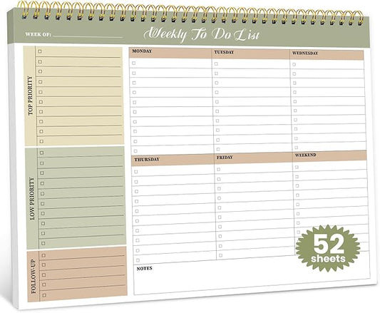 Weekly To Do List Notepad with 52 Undated Sheets（8.5"×11"）- Undated Weekly Planner Notepad for Office Desk Accessories and Supplies - Forest Shades