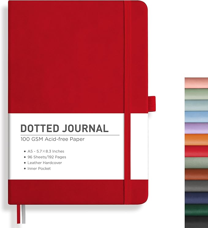 RETTACY Bullet Dotted Journal, A5 Dotted Notebook Journal with 192 Pages, 5.7'' × 8.3'', Medium Size, 100 GSM Thick Paper, Leather Hardcover, Bullet Journaling, Planning (Red)