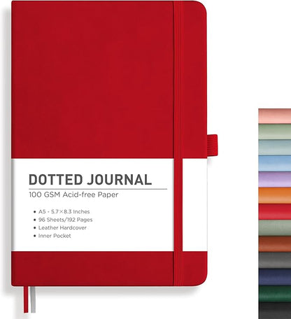 RETTACY Bullet Dotted Journal, A5 Dotted Notebook Journal with 192 Pages, 5.7'' × 8.3'', Medium Size, 100 GSM Thick Paper, Leather Hardcover, Bullet Journaling, Planning (Red)