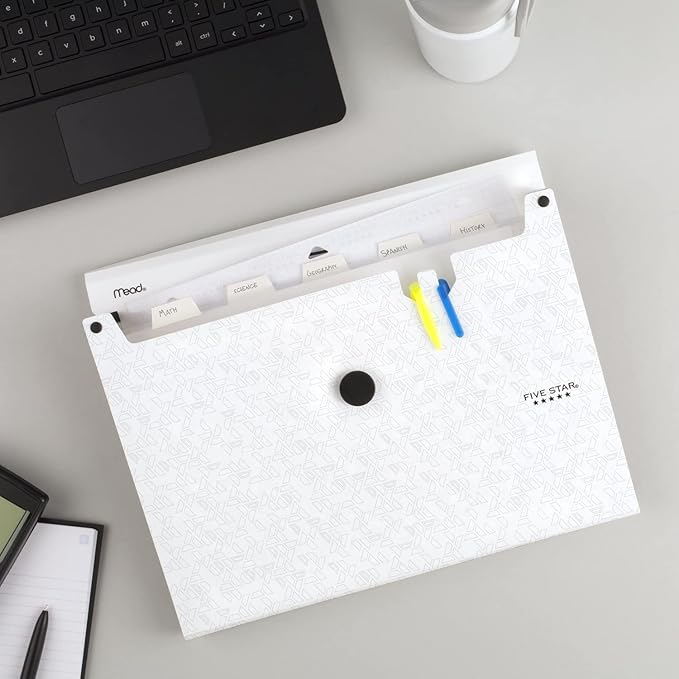 Five Star 6 Pocket Expanding File Organizer, Plastic Expandable File Folders with Pockets and Tab Inserts, Holds 11" x 8-1/2", Bungee Closure, White (355520E)