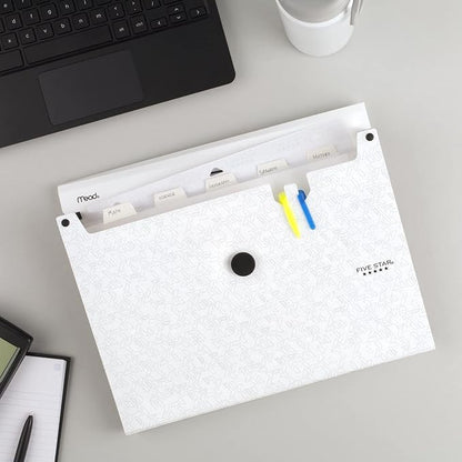 Five Star 6 Pocket Expanding File Organizer, Plastic Expandable File Folders with Pockets and Tab Inserts, Holds 11" x 8-1/2", Bungee Closure, White (355520E)