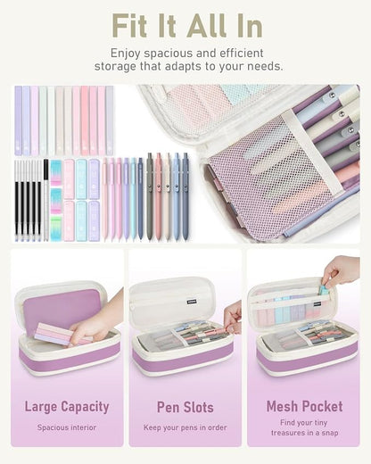 Four Candies 39 PCS Aesthetic School Supplies with Cute Pen Case, 12 Pastel Highlighters, 5 Black Ink Gel Pens, 6 Mechanical Pencils Set 0.5 & 0.7mm for Students Stationary College Essentials (Purple)