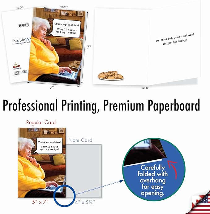 NobleWorks - Funny Happy Birthday Note Card with Envelope (4.63 x 6.75 Inch) - Bday Greeting Card for Women and Men - Congrats Bday Celebration Notecard - Track Cookies C2384BDG