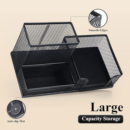 M&G Mesh Pen Holder Desk Organizers Pencil Holder for Desk Black, 3 Compartments Metal Office Supply Organizer with Sticky Notes Holder for School Home Office