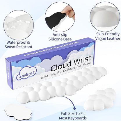 Cloud Wrist Rest Keyboard, Cloud Palm Rest Set with PU Leather Memory Foam, Cute Keyboard Rest for Wrist Support and Arm Rest, Desk Cloud Wrist Pad for PC/Gaming/Hand Cushion/Computer-White