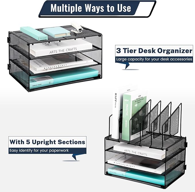 EASEPRES Desk Organizer Tray, 3 Tier Paper organizer with 5 Upright Section Desktop File Folder Sorter Holder for Mail Paper Document Letter Organization Storage