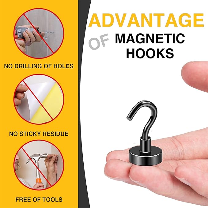 DIYMAG Magnetic Hooks for Refrigerator, Extra Strong Cruise Hook, Heavy Duty Earth Magnets with Hook for Hanging, Magnetic Hanger for Cabins, Grill (20P-Black)