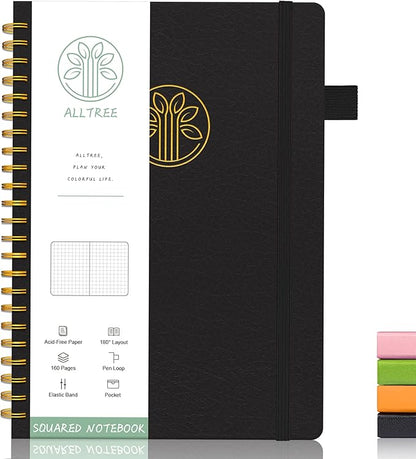 Alltree Spiral Graph Grid Notebook for Work, Leather Hardcover Spiral Notebook with Tabs, Pen Loop, Pocket, Stickers, 160 Pages, Journal for Women & Men, Black(6"x8.5")