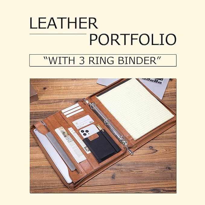 Personalized Leather Portfolio with 3 Ring Binder, Vegan Leather Padfolio Zippered, A4 Notebook Holder Customized Business Folder Organizer Gift for Men and Women, Brown