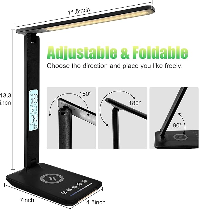 Desk Lamp with Wireless Charger, USB Charging Port, Dimmable Office Desk Light with Clock, Alarm, Date, Temperature, Foldable Lamp for Table Bedroom Bedside Office (Black Pro)