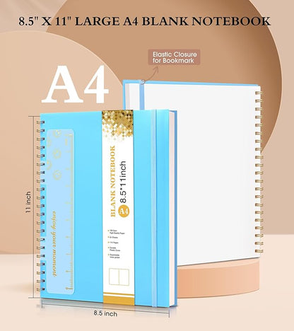 Blank Spiral Notebook Journal 8.5” x 11”, A4 Large Sketch Book for Women Men, 100 GSM Blank Paper Drawing Notebook, Plastic Hardcover Spiral Bound Sketchbook for Sketching Work School Writing, Blue