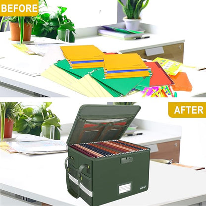 ENGPOW File Box with Lock,Fireproof Document Box with Pockets,Collapsible File Storage Organizer Filing Cabinet with Handle,Portable Home Office Safe for Hanging Letter/Legal Folders,2 Pack(Green)
