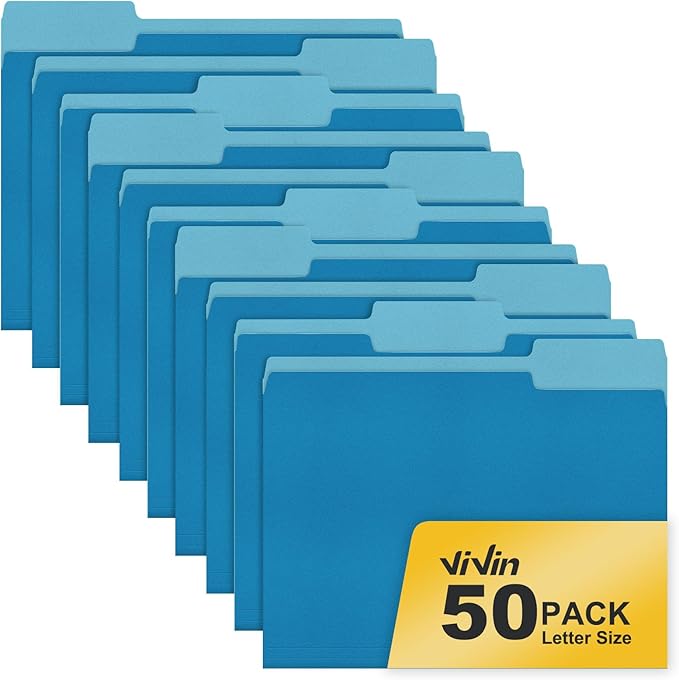 ViVin File Folder, 50 Pack Colored File Folders with 1/3-Cut Tabs, Fits 8.5 * 11 Letter Size Paper, Manilla Folders for Home Office School Documents(Blue)