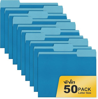 ViVin File Folder, 50 Pack Colored File Folders with 1/3-Cut Tabs, Fits 8.5 * 11 Letter Size Paper, Manilla Folders for Home Office School Documents(Blue)