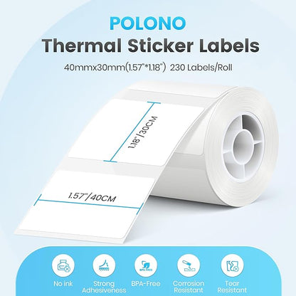 POLONO Genuine Thermal Labels for PM220S Label Makers, 1.57"x1.18" (40x30mm) Thermal Label, Waterproof, Multi-Purpose Self-Adhesive Labels for Small Bussiness, Office, School, 230 Labels/Roll (White)