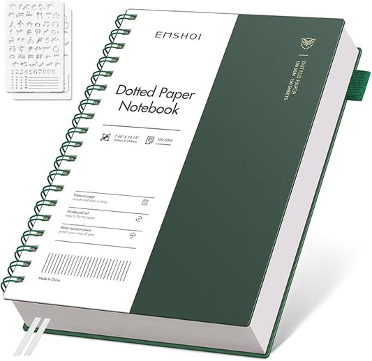 EMSHOI Spiral Notebook B5 Bullet Dotted Journal, Dotted Grid Notebook with 300 Pages, 100gsm Thick Paper, 7.48" × 10.15", Waterproof Softcover Notebook for School Work Writing - Dark Green