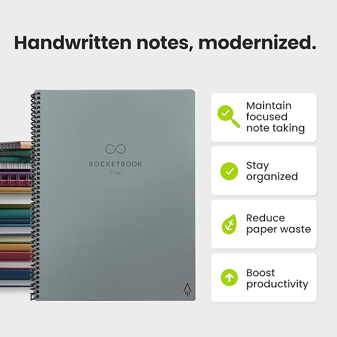 Rocketbook New Core Reusable Spiral Notebook, Letter Size 8.5x11, Gray - Lined Pages, App-Connected, Erasable, Durable Cover, Ideal for School, Work, and Creative Projects (Pack of 1)