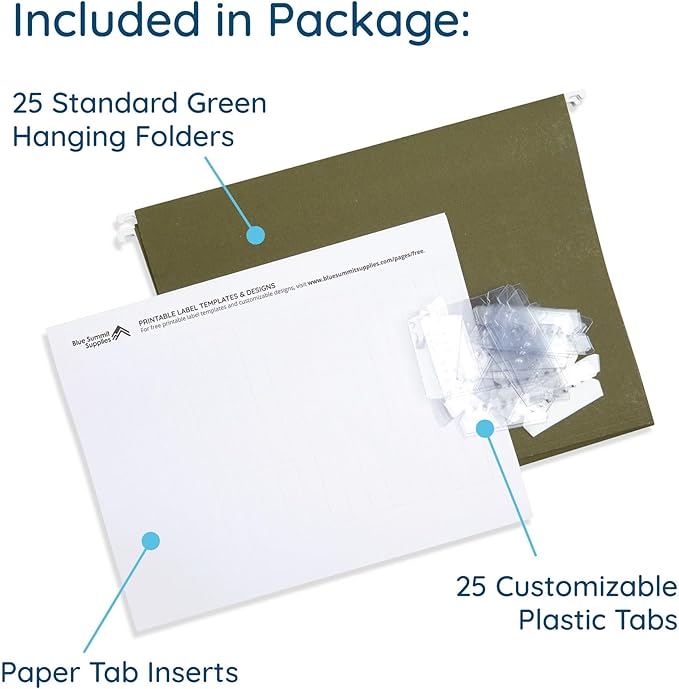Blue Summit Supplies 25 Hanging File Folders, Reinforced Hanging Folders, Standard File Folders for Filing Cabinet, Letter Size, Green, 25 Pack