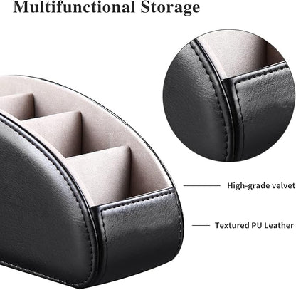 All-in-One Leather TV Remote Control Holder Black with 5 Compartments Nightstand Desktop DVD Media Player Remote Caddy Storage Box Organizer Tray For Makeup Brush Pen Stationary Table Controllers