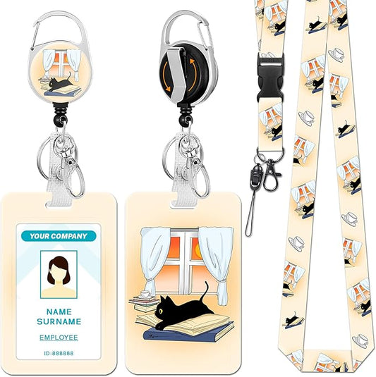 Lanyards for Id Badges, Black Cat Badge Holder with Retractable Reel Clip, Cute Work Name Tags Keychain Lanyard ID Card Protector Cover Case for Women Teacher Nurse Nursing Doctor Office