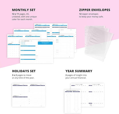 Budget Planner 12 Months Undated A5 Binder Pu Leather Hard Cover, Erasable Pen, Bill Organizer, Money Envelopes for Cash 12pcs Transparent Bags, Budget Binder with Silver Rings, Ideal Book Organizer