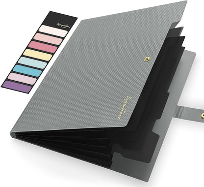 Sooez Expanding File Folder, Letter Size Accordion File Organizer, 5 Pocket Folders for Documents, Cute Folder with Labels, Portable Paper Organizer for School Office Supplies, A4 Size, Grey