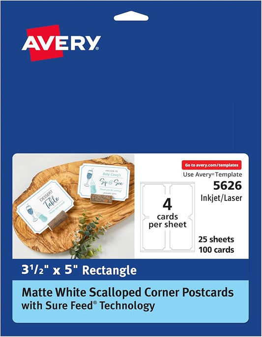 Avery Postcards with Scalloped Corners and Sure Feed Technology, 3.5" x 5", Matte White, 100 Cards Total, Laser/Inkjet Printable Cards (5626)