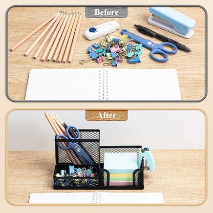 M&G Mesh Pen Holder Desk Organizers Pencil Holder for Desk Black, 3 Compartments Metal Office Supply Organizer with Sticky Notes Holder for School Home Office